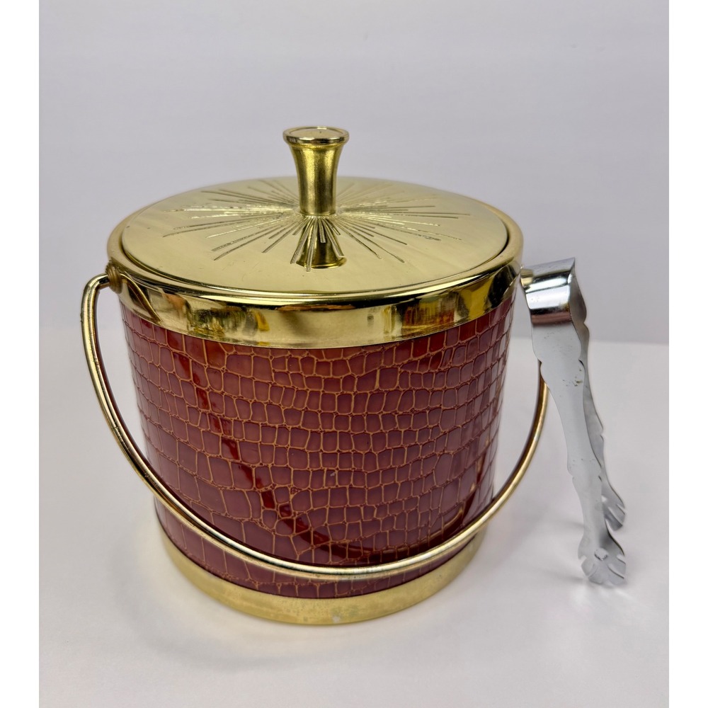 Vintage MCM Ice Bucket Faux Alligator Gold Sunburst Lid with Brass Tongs Japan